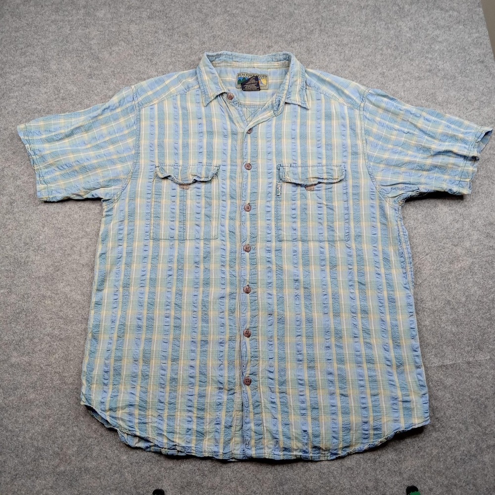 ExOfficio Shirt Men Large Plaid Seersucker Button Up Short Sleeve Travel Vintage